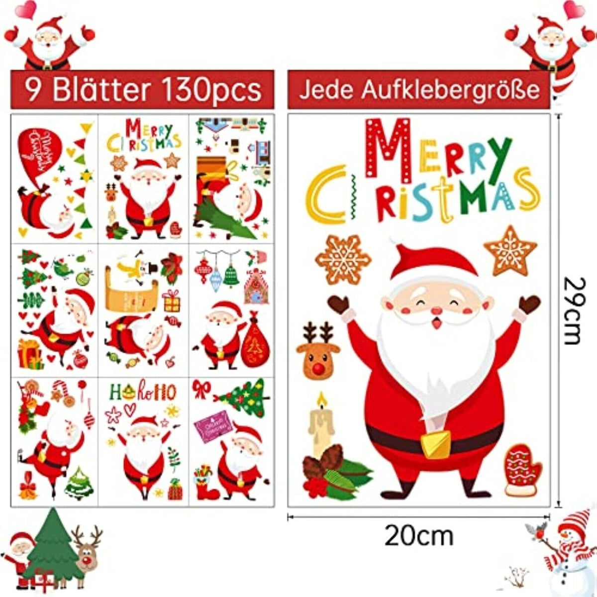 Weihnachten Fensterbilder – 130-teilige selbsthaftende Fenstersticker, Doppelseitig Bedruckt, 9 Bögen, Hohe Auflösung, PVC
