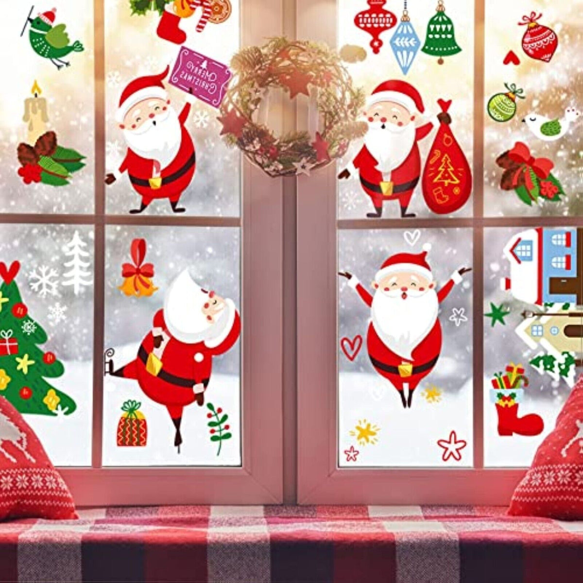 Weihnachten Fensterbilder – 130-teilige selbsthaftende Fenstersticker, Doppelseitig Bedruckt, 9 Bögen, Hohe Auflösung, PVC