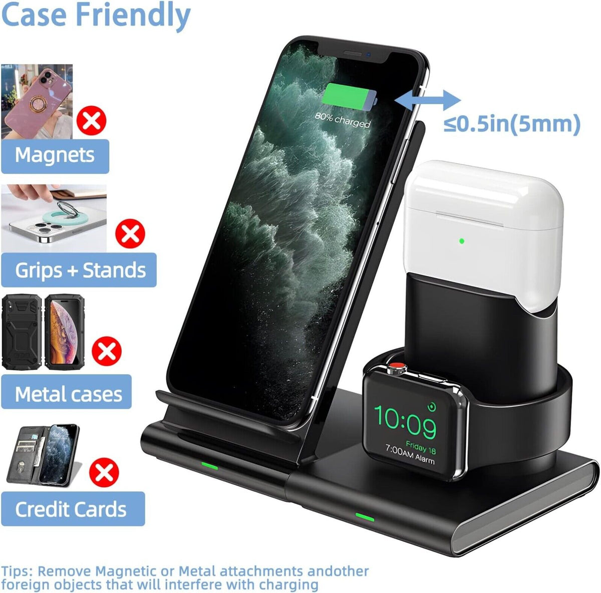3-in-1 Kabellose Ladestation für iPhone, Apple Watch & AirPods | Schnellladegerät mit Qi-Zertifizierung, Abnehmbar & Hüllenfreundlich
