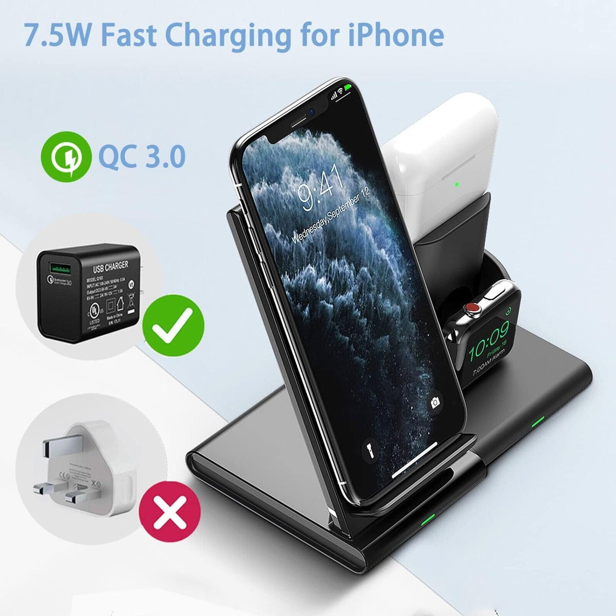 3-in-1 Kabellose Ladestation für iPhone, Apple Watch & AirPods | Schnellladegerät mit Qi-Zertifizierung, Abnehmbar & Hüllenfreundlich