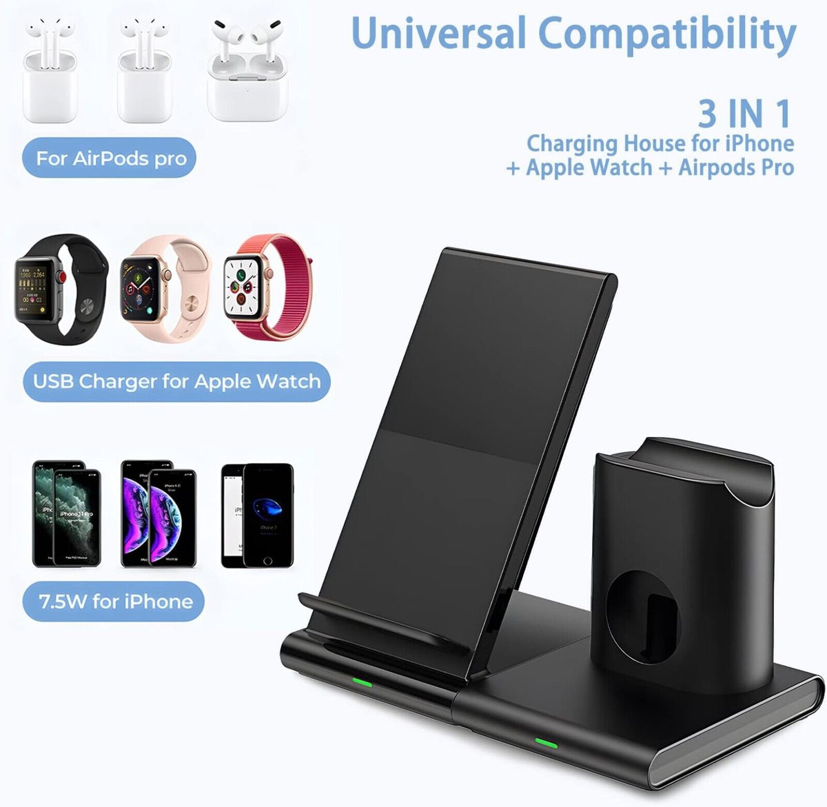 3-in-1 Kabellose Ladestation für iPhone, Apple Watch & AirPods | Schnellladegerät mit Qi-Zertifizierung, Abnehmbar & Hüllenfreundlich