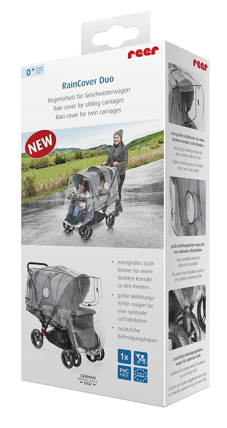 Reer RainCover Duo Active – Regenschutz für Geschwisterwagen & Buggys mit hintereinanderliegenden Sitzen