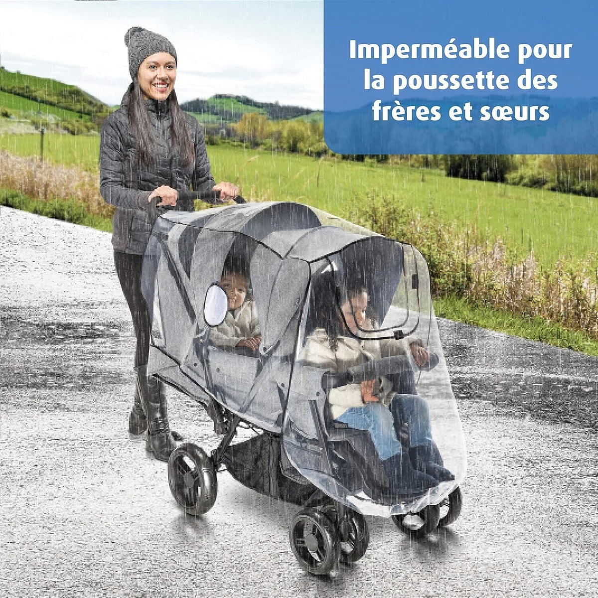 Reer RainCover Duo Active – Regenschutz für Geschwisterwagen & Buggys mit hintereinanderliegenden Sitzen
