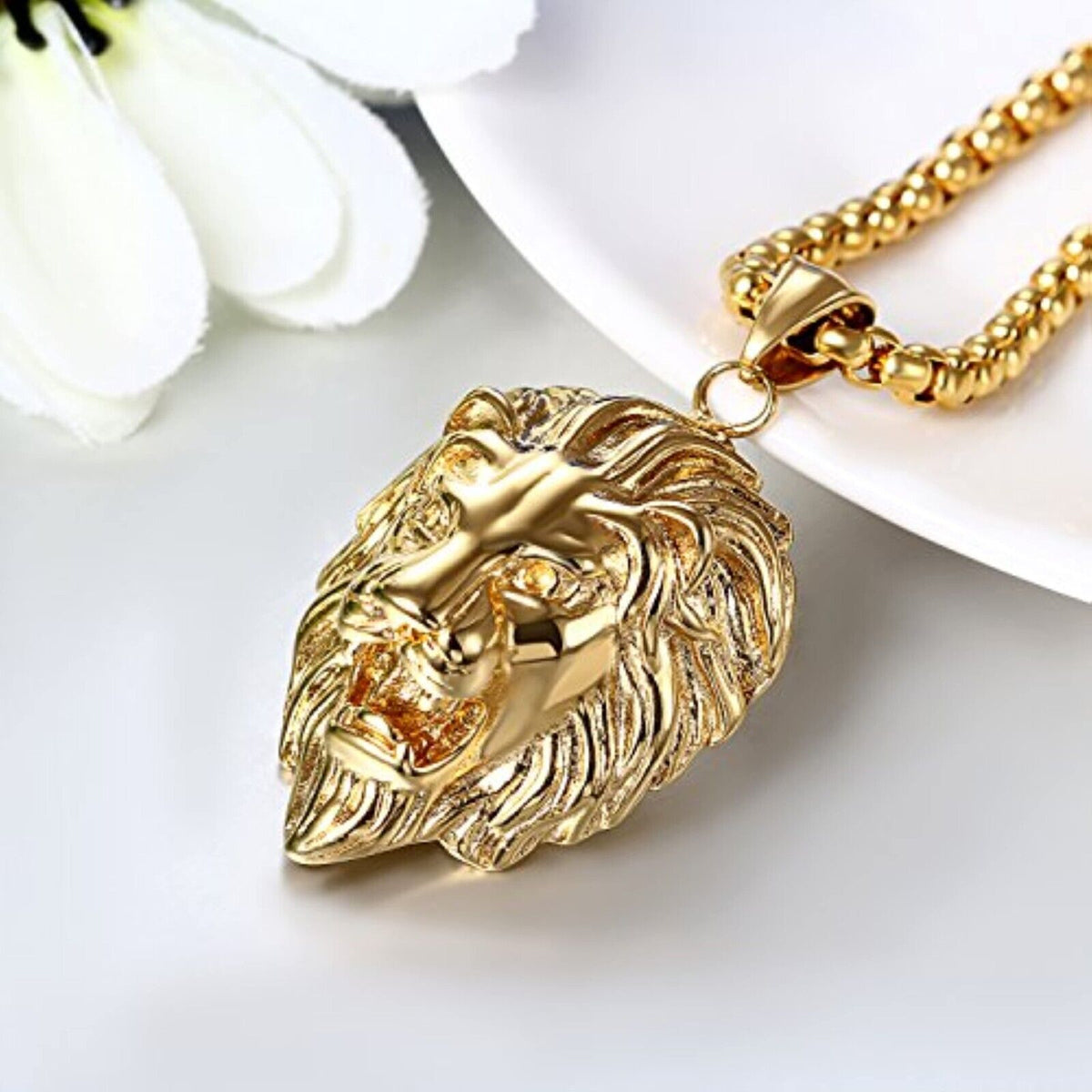 Men's necklace stainless steel gold pendant long lion head jewelry 