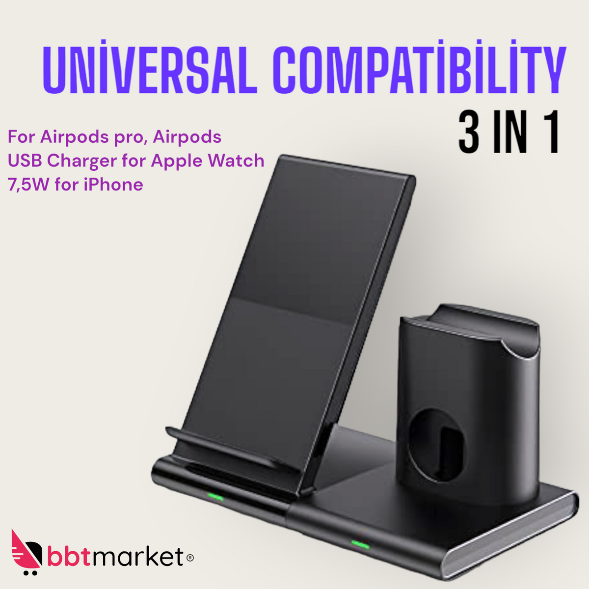 3 in 1 Qi Wireless Ladegerät – Schnellladestation für Smartphone, Uhr & Kopfhörer
