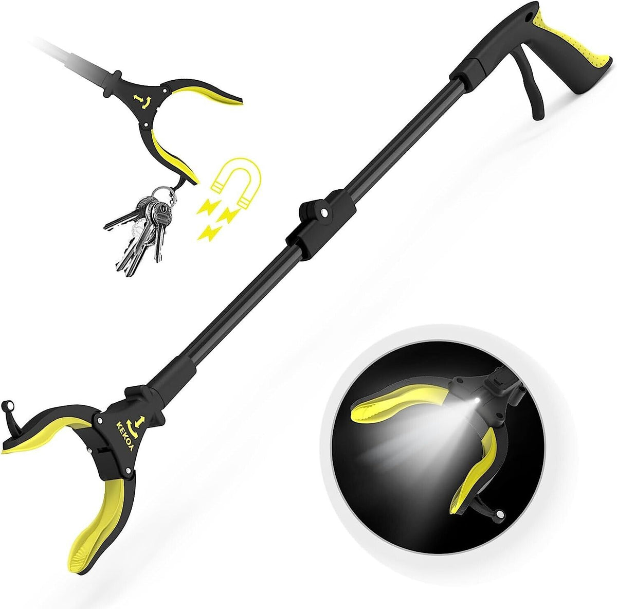 Greifzange mit Licht 80cm – Drehbare Faltbare Aluminium Müllzange mit Magnet, Ergonomische Greifhilfe für Senioren und Abfallsammlung - ORANGE