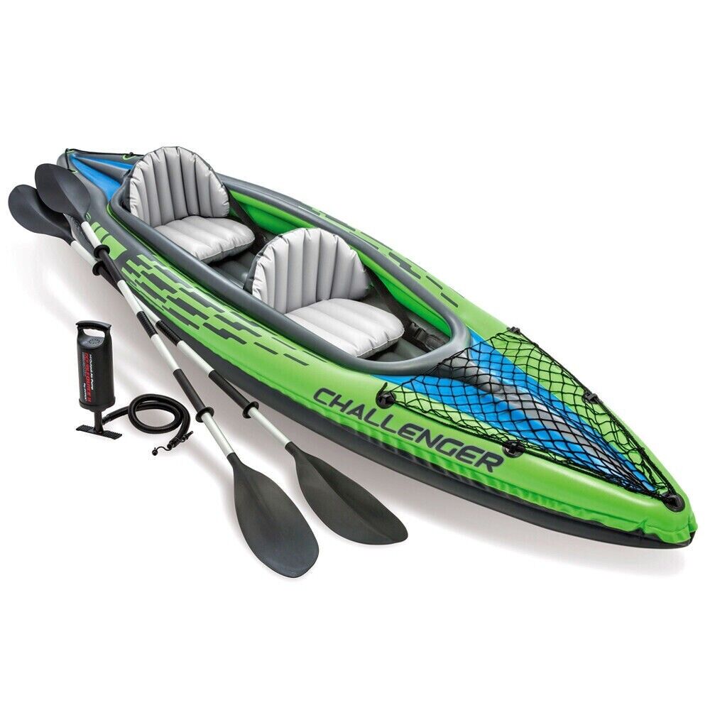Intex Challenger Aufblasbares 2-Personen Kajak Set 351x76x38cm – Schlauchboot mit Paddel & Doppelhubpumpe, 180kg Tragkraft, Für See, Fluss & Meer