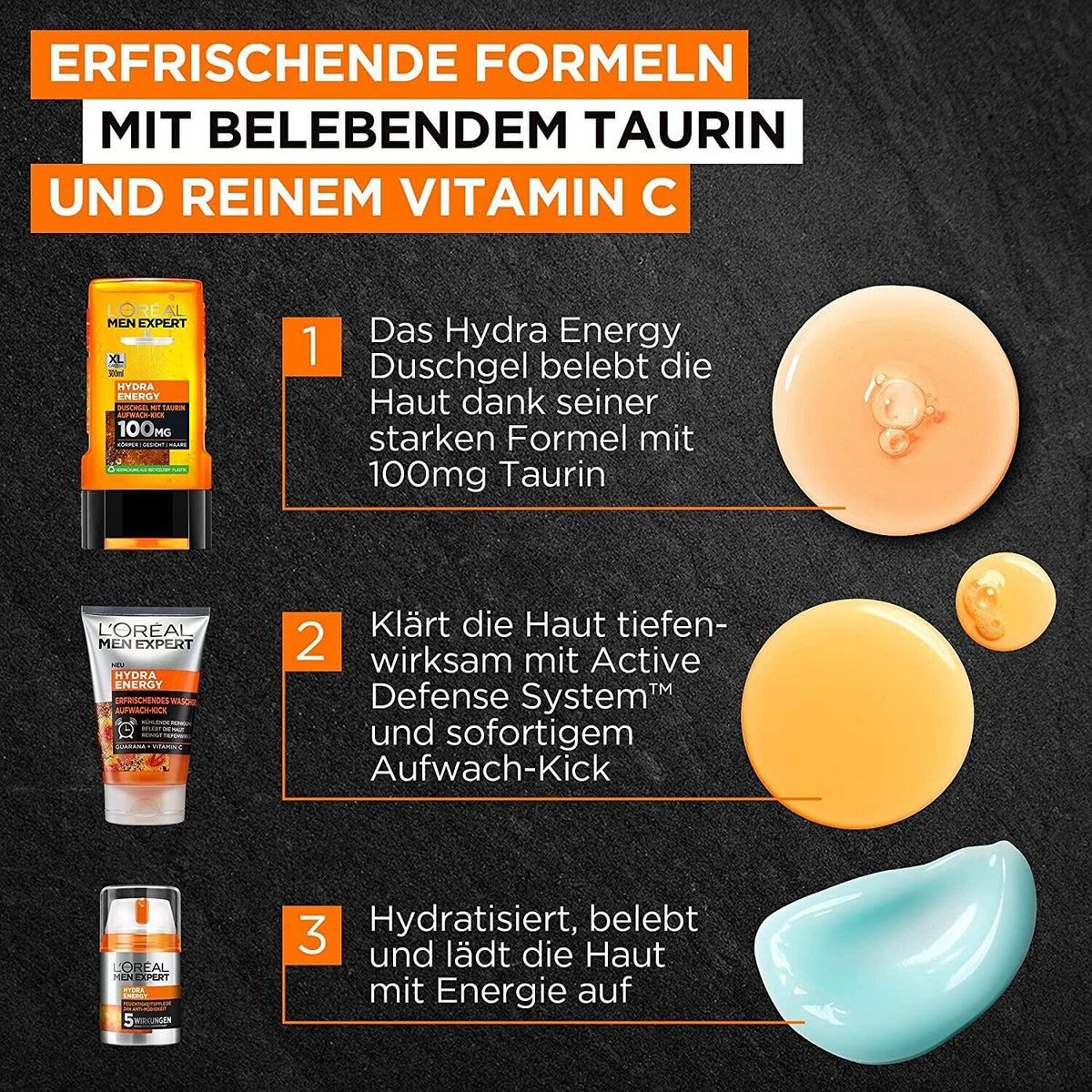 L'Oréal Hydra Energy Männerpflege-Set – 3-teilig: Duschgel, Waschgel & Feuchtigkeitscreme