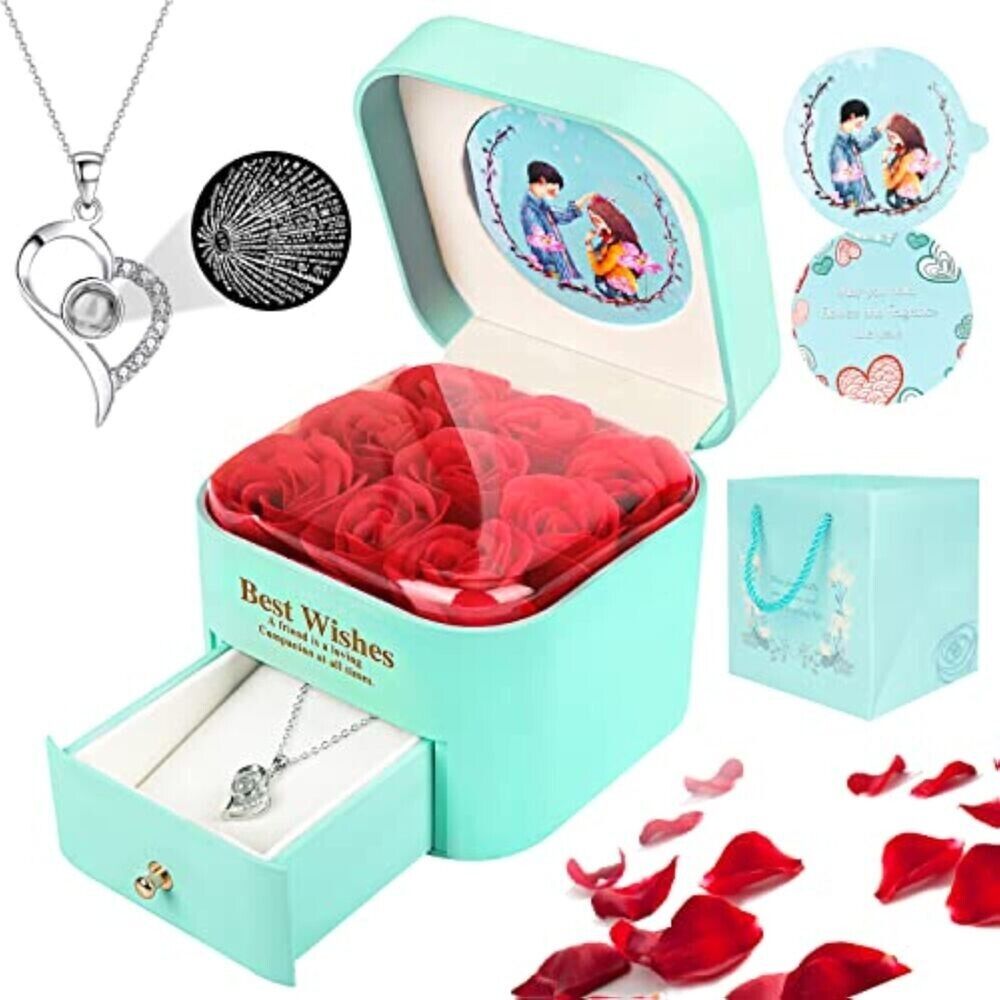 Valentinstag Jahrestag Ewige Echte Rot Rose Rosenbox  Geschenkbox+Halskette