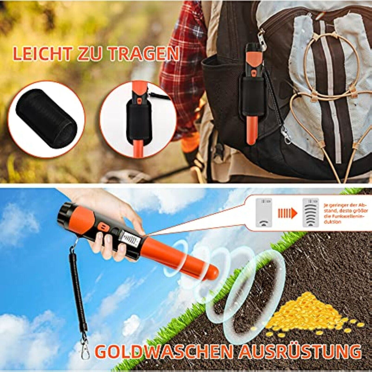 Tragbar Metalldetektor mit 100% wasserdichte Tasche，Wasserdicht Gold Silber M