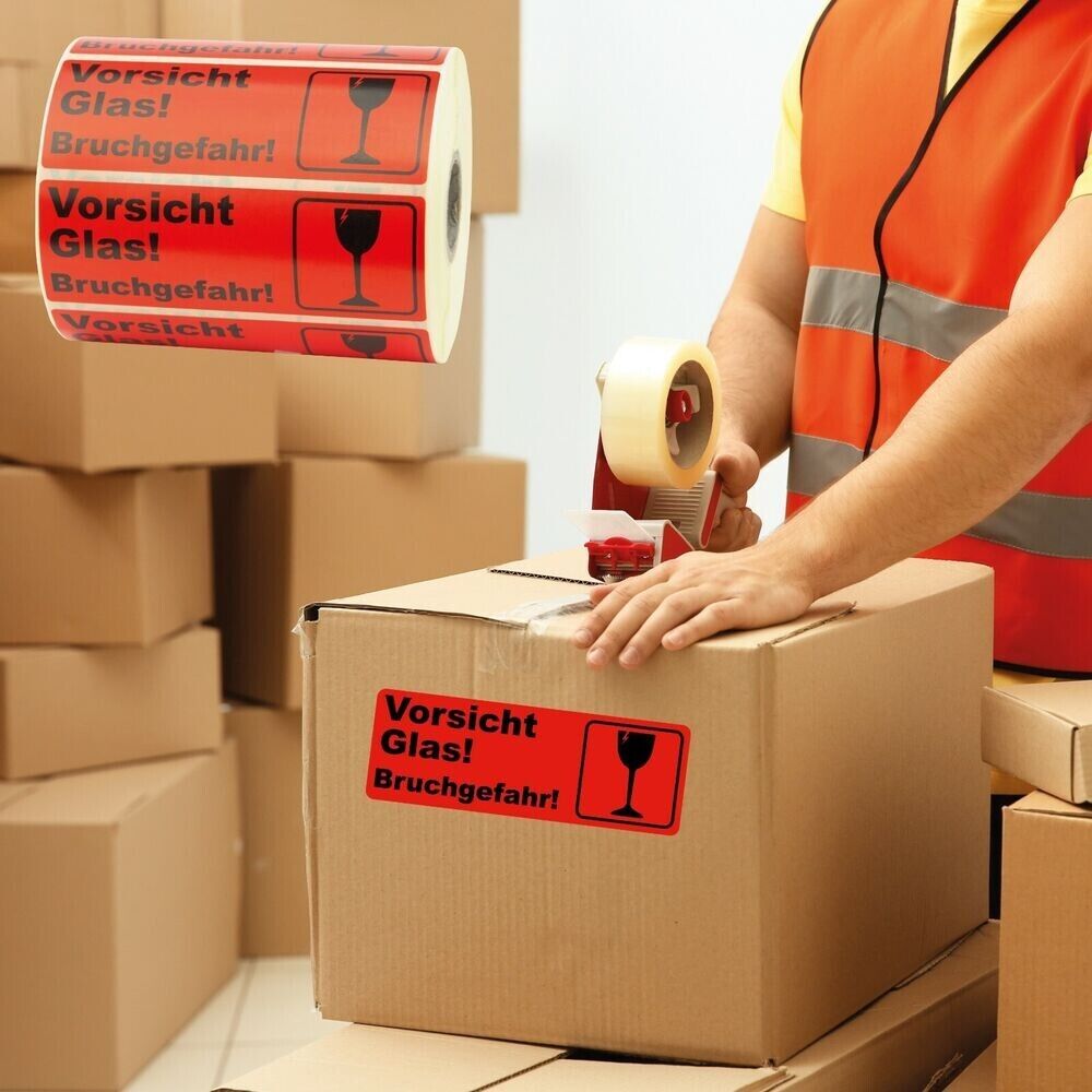 50× Warnetiketten „VORSICHT GLAS“ – 150 × 48 mm, Neonorange, starke Haftung