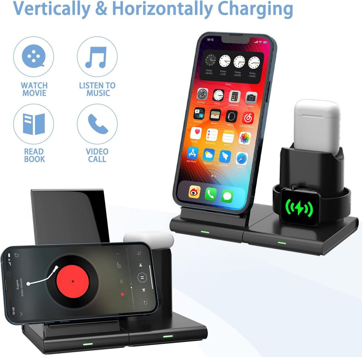 3-in-1 Kabellose Ladestation für iPhone, Apple Watch & AirPods | Schnellladegerät mit Qi-Zertifizierung, Abnehmbar & Hüllenfreundlich