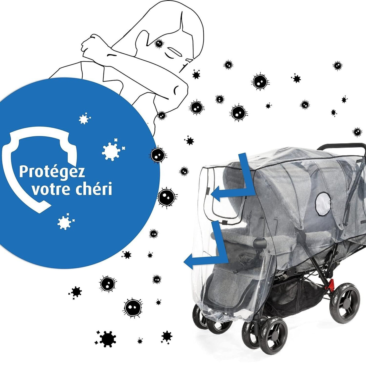 Reer RainCover Duo Active – Regenschutz für Geschwisterwagen & Buggys mit hintereinanderliegenden Sitzen