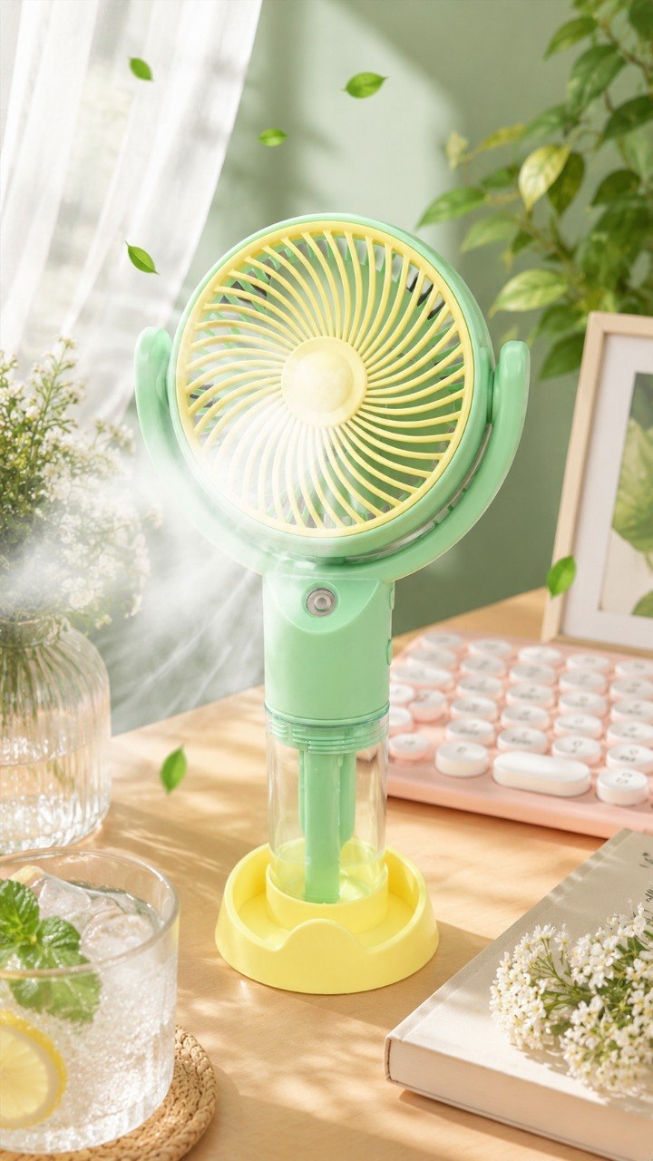 Mini USB Ventilator mit Vernebler und Handyhalter – Tragbarer Akku Lüfter mit 3 Stufen