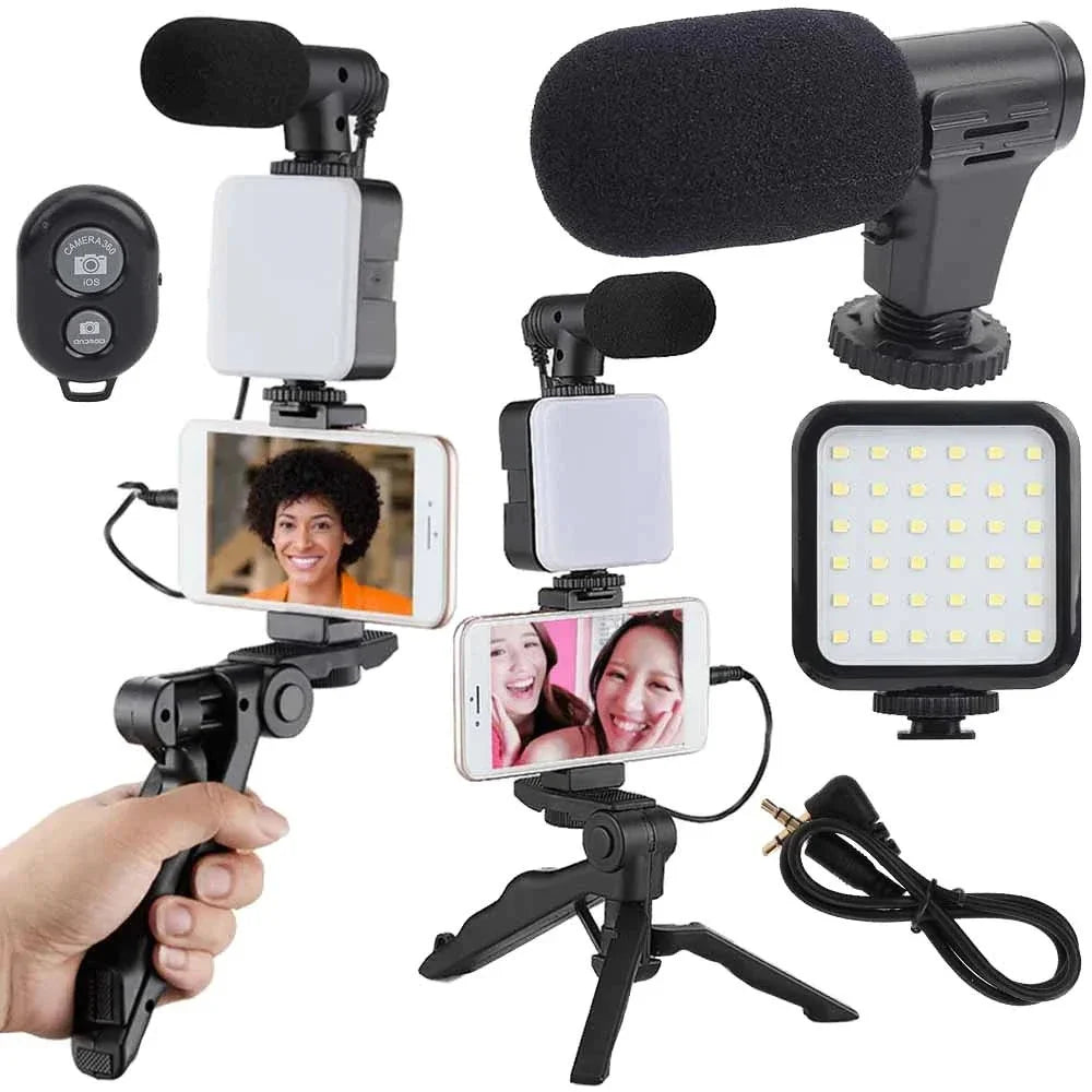 Vlogging Kit für Smartphone – Stativ mit Handyhalterung, Richtmikrofon, 49-LED-Licht und Bluetooth-Fernbedienung