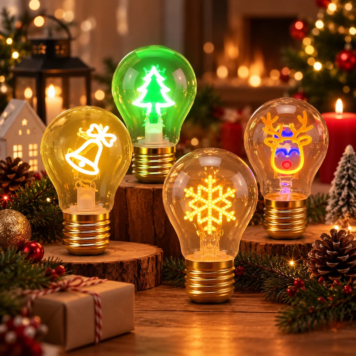 Weihnachts Dekoleuchte Glühbirne Akku USB-C Mehrfarbig Tannenbaum Rentier Schnee